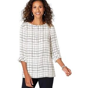 J.Jill Womens Top 2X White Windowpane Print Round Neck 3/4‎ Sleeve Minimalist